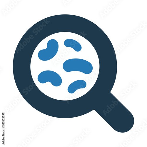 Vector graphic of a magnifying glass examining blue cells under a microscope in detail.