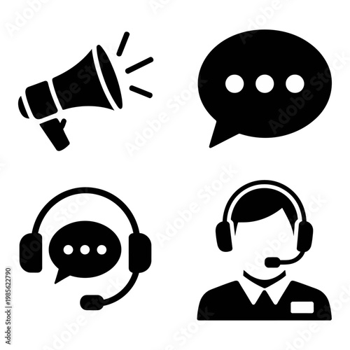 Vector graphic of customer service icons including a megaphone, chat bubbles, and a support agent wearing a headset