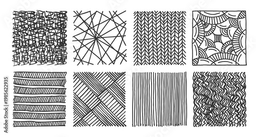 Hand drawn crosshatch patterns with pencil sketches and line textures, set vector illustration. Diagonal and parallel stripes, herringbone strokes or wavyl scribble, linear ink scratch, simple doodle