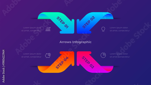 Four Step Arrow Infographic Template with Colorful Gradient Ribbon Design on Purple Background