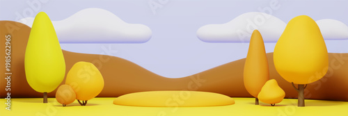 Cute 3D kids park background with yellow autumn hills, blue sky with white fluffy clouds and podium stand. Cartoon children playground scene with trees, nature fall field landscape in plasticine style