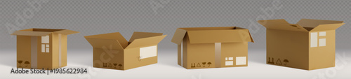 3D realistic cardboard box set with open delivery parcels, vector set isoleted on transparent background. Brown packages with tape, tags and fragile and keep dry signs for shipping, transport services