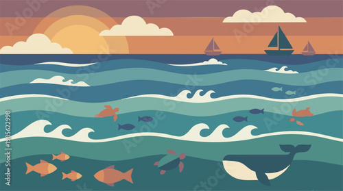 Flat design sunset ocean scene with marine life and sailboats illustration