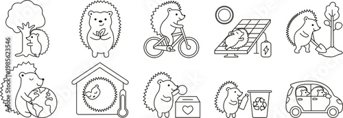 Set de 10 icônes / illustrations vectorielles sur l’écoresponsabilité avec un hérisson (style cartoon linéaire noir)