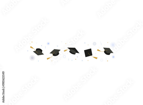 Graduate class of 2026. Caps and confetti on a white background. Hats thrown up, vector illustration, banner design