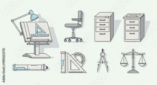 Architectural drafting tools and office furniture illustration.