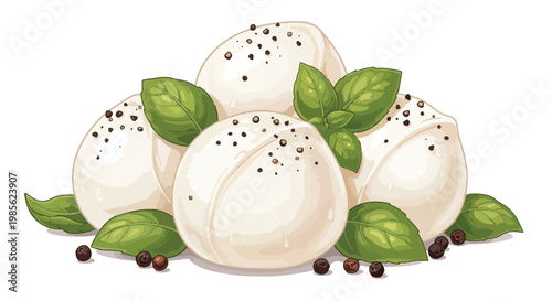 Fresh mozzarella cheese balls with basil leaves and black pepper on a white background for culinary and food