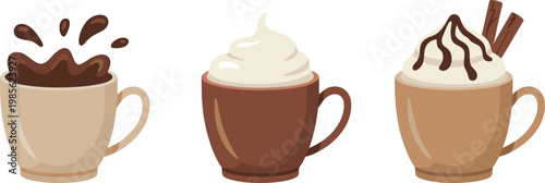 Hot chocolate cups set with whipped cream and toppings, cozy winter drink vector illustration collection