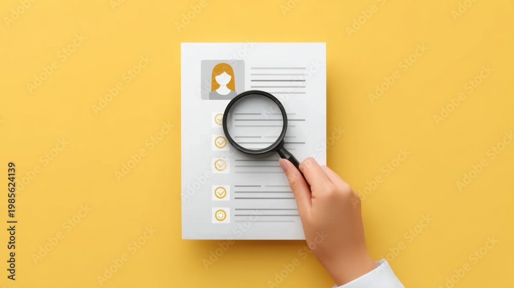 Fototapeta premium Hand Holding Magnifying Glass Over Document Highlighting Important Information Against Yellow Background
