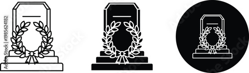 Three black and white illustrations of tombstones with laurel wreaths