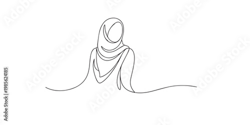 single line hijab woman portrait.continuous line drawing of beautiful woman wearing hijab with calm expression.modesty and elegance concept.one line vector illustration.