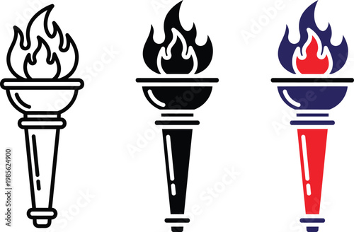 Three olympic torches in different color schemes black white and patriotic