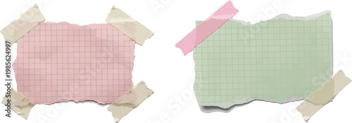 Pastel grid paper torn edges with pink washi tape vector elements