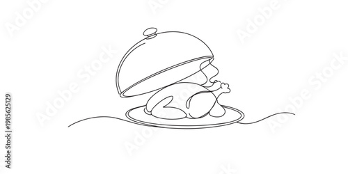 single line roasted chicken.continuous line drawing of whole roasted chicken served on plate with cover.food and dining concept.one line vector illustration.