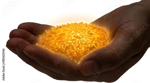 Hands Holding Glowing Golden Rice Grains Isolated on White