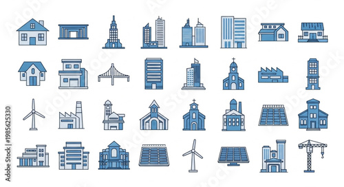 Collection of Various Building Icons and Illustrations.