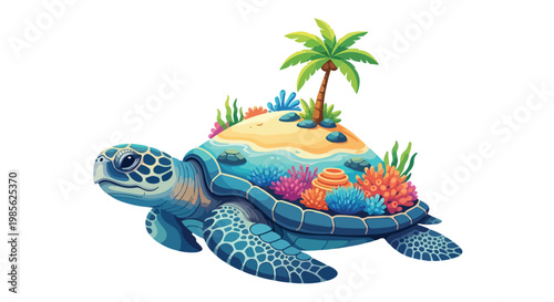 Colorful plastic turtle toy with vibrant coral and plant decorations on a white background