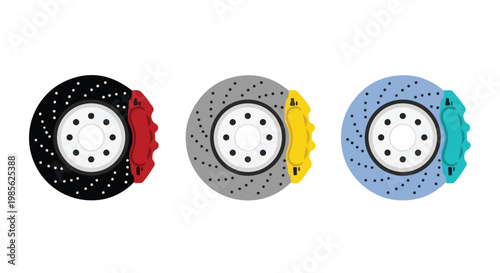 Close-up of three colorful disc brake rotors with red, yellow, and blue calipers on a white background