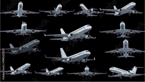 Various vector 2D CAD airplane models in different positions on black