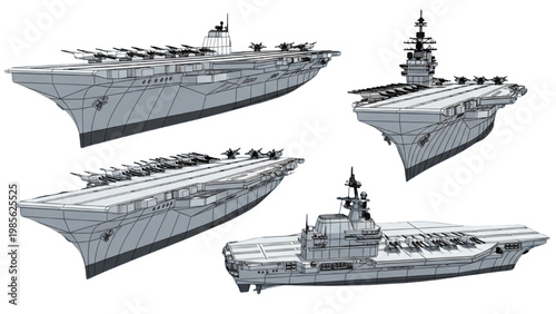Four naval vessels illustrated in vector 2D CAD designs for transport