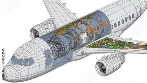 Cutaway view of airplane interior with vector 2D CAD design elements