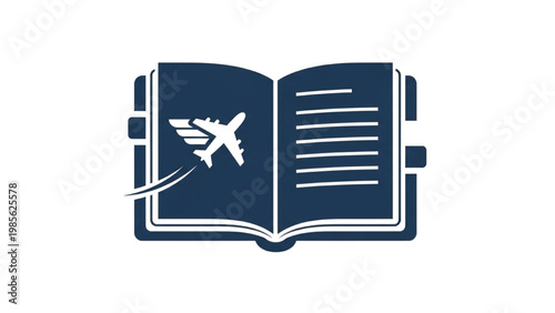 Vector 2D CAD illustration of an airplane taking off from a book page