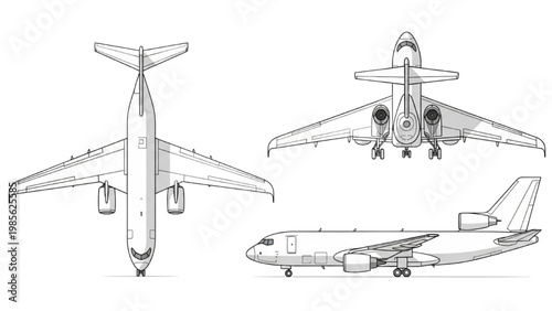 Detailed vector 2D CAD drawings of airplane in multiple views