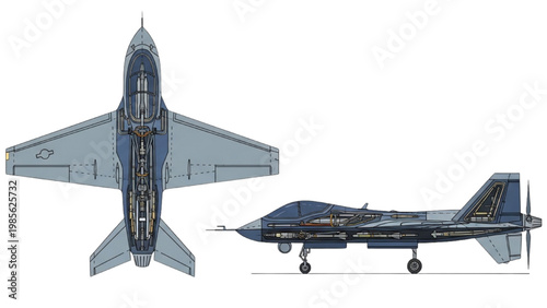 Detailed vector 2D CAD illustrations of a fighter jet from above and side views