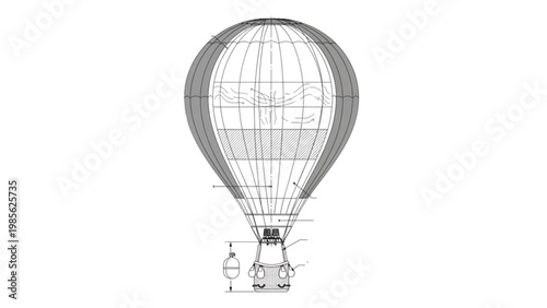 Vector 2D CAD drawing of a hot air balloon soaring high