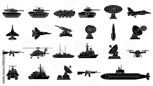 Military vehicles and aircraft in vector 2D CAD designs on a digital canvas