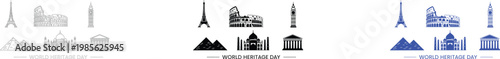 World Heritage Day Icon Set with Famous Global Landmarks and Monuments