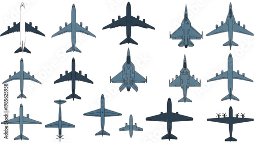 Various vector 2D CAD designs of airplanes in flight and on ground