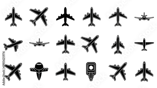 Vector 2D CAD designs of airplanes in various flight positions and angles