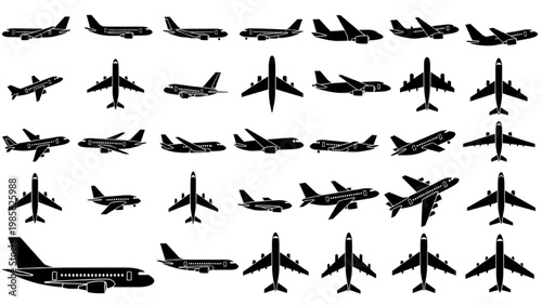 Various vector 2D CAD airplane illustrations in different positions and angles.
