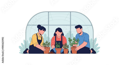 People Gardening in Greenhouse with Potted Plants
