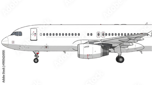Vector 2D CAD drawing of airplane in flight over landscape