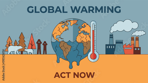 Global Warming Illustration Showing Melting Earth, Pollution, and Wildlife Impact