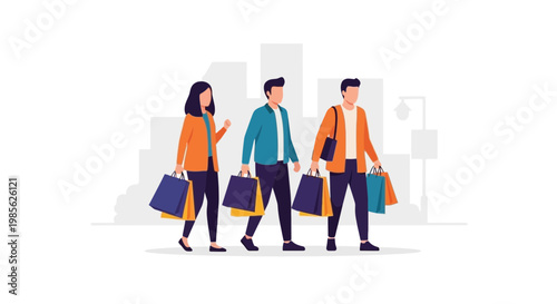 Group of Young Adults Shopping with Shopping Bags in Urban Environment