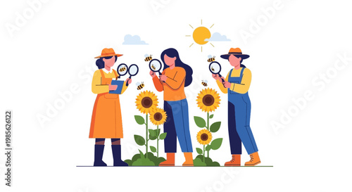 Women Gardening with Sunflowers in a Sunny Outdoor Setting