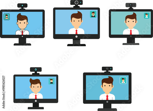 Professional Business Video Conference Illustration Set Featuring Young Male Character On Computer Monitor Screen For Virtual Remote Meetings Working