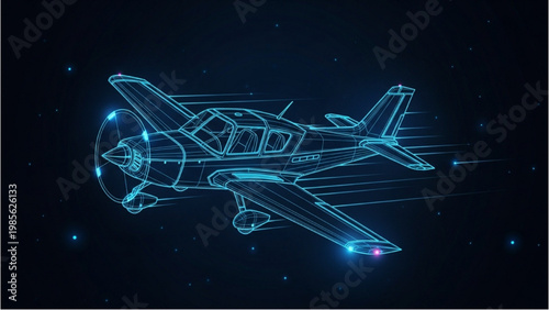 Vector 2D CAD drawing of a small airplane in flight at night