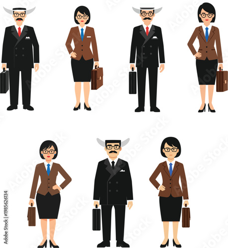 Professional business people characters in formal suits and dresses with briefcases for corporate office work management careers