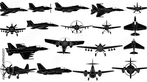 Various military aircraft in flight vector 2D CAD designs on white