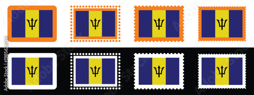 Barbados Flag Postage Stamp Set Vector Illustration Isolated on White and Black Background.