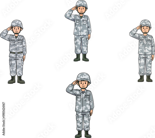 Professional Military Soldier Character Set Wearing Camouflage Uniform Saluting Standing Bravely For Army Defense Patriotism