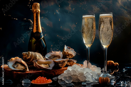 Luxury still life with champagne on ice, crystal glasses, oysters and caviar, set against a dark elegant background with cinematic lighting and high-contrast fine dining aesthetic.