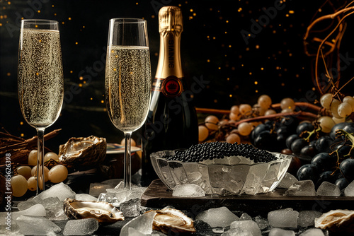 Luxury still life with champagne on ice, crystal glasses, oysters and caviar, set against a dark elegant background with cinematic lighting and high-contrast fine dining aesthetic.