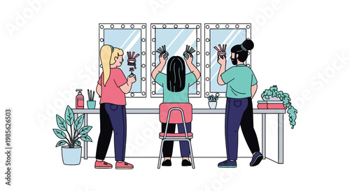 Young Women Doing Makeup and Hair Styling in Beauty Salon