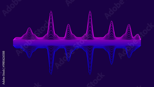 A vibrant abstract sound wave, rendered in gradient shades of pink and purple against a rich purple background. This vector illustration symbolizes music, sound, and rhythm.