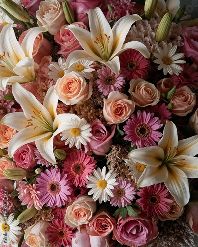 Üppiges Blumenarrangement mit Lilien Rosen Gerbera und Margeriten in Rosa und Weiß